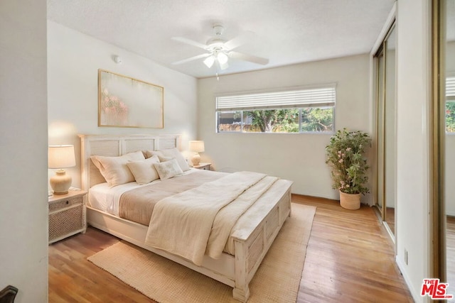 bedroom with light hardwood / wood-style flooring and ceiling fan