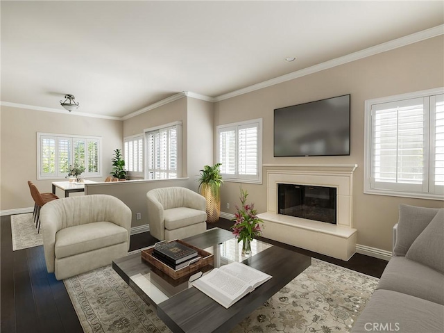 living room featuring crown molding, dark wood-type flooring, and a wealth of natural light