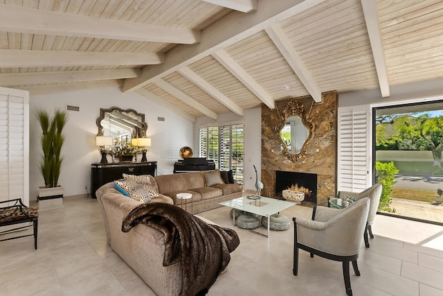 tiled living room with lofted ceiling with beams, wooden ceiling, and a fireplace