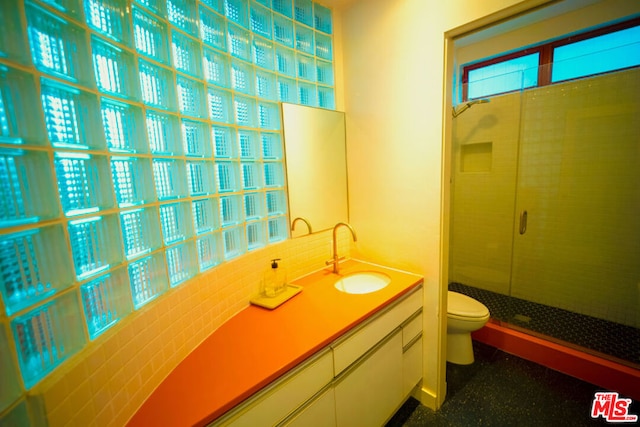 bathroom with vanity, an enclosed shower, and toilet