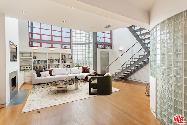 living room featuring light hardwood / wood-style floors and a high ceiling