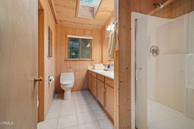 bathroom with a skylight, wooden ceiling, tile patterned floors, wood walls, and an enclosed shower