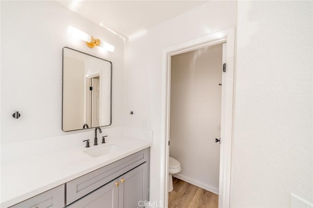 bathroom with hardwood / wood-style flooring, vanity, and toilet