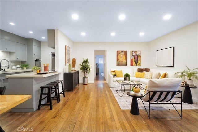 living room featuring light hardwood / wood-style flooring and sink