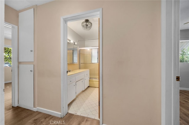 bathroom featuring vanity and hardwood / wood-style flooring