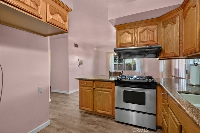 kitchen featuring stone counters, light hardwood / wood-style flooring, stainless steel range oven, and ventilation hood