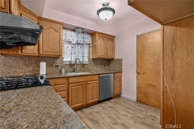 kitchen featuring stainless steel dishwasher, light hardwood / wood-style floors, sink, and tasteful backsplash