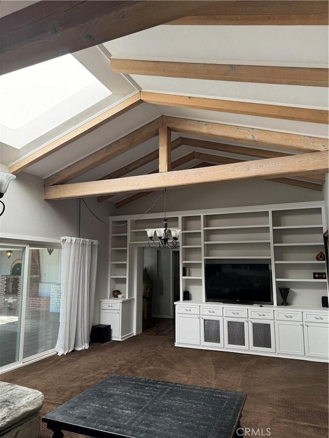 unfurnished living room with a chandelier and vaulted ceiling with beams