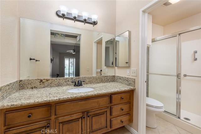 bathroom with ceiling fan, vanity, tile patterned flooring, toilet, and a shower with door