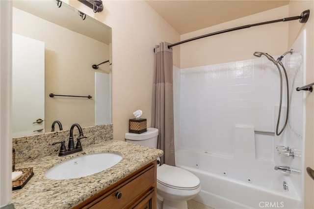 full bathroom featuring toilet, vanity, and shower / tub combo with curtain