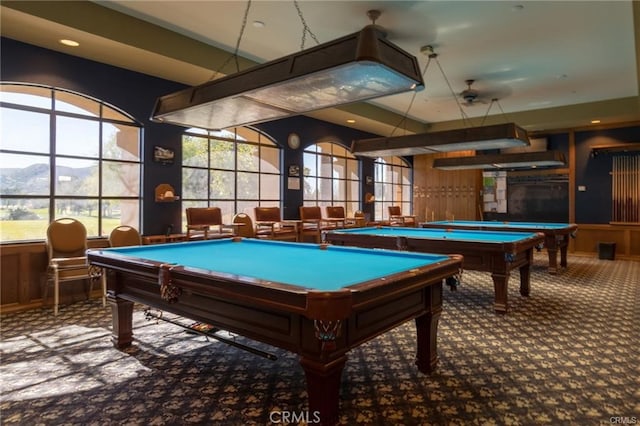 playroom with a mountain view, carpet, billiards, and wood walls