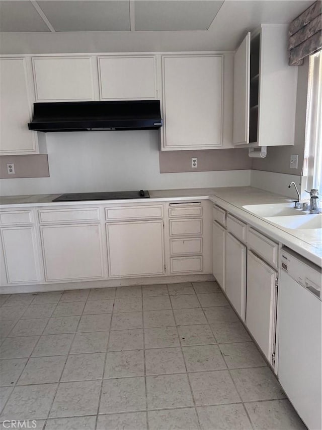 kitchen featuring white dishwasher, sink, white cabinets, and black electric stovetop