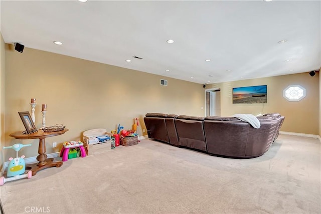 living room featuring light colored carpet