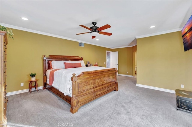 bedroom with carpet flooring, ceiling fan, and ornamental molding