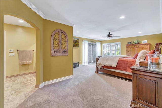 bedroom featuring access to exterior, ceiling fan, crown molding, and light colored carpet