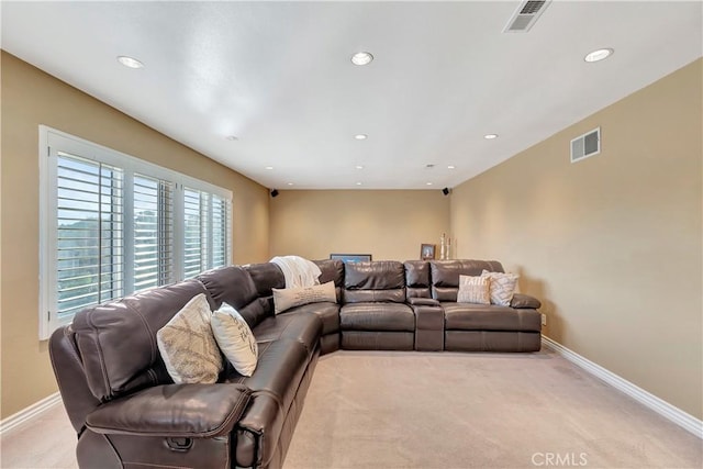 cinema room with light colored carpet