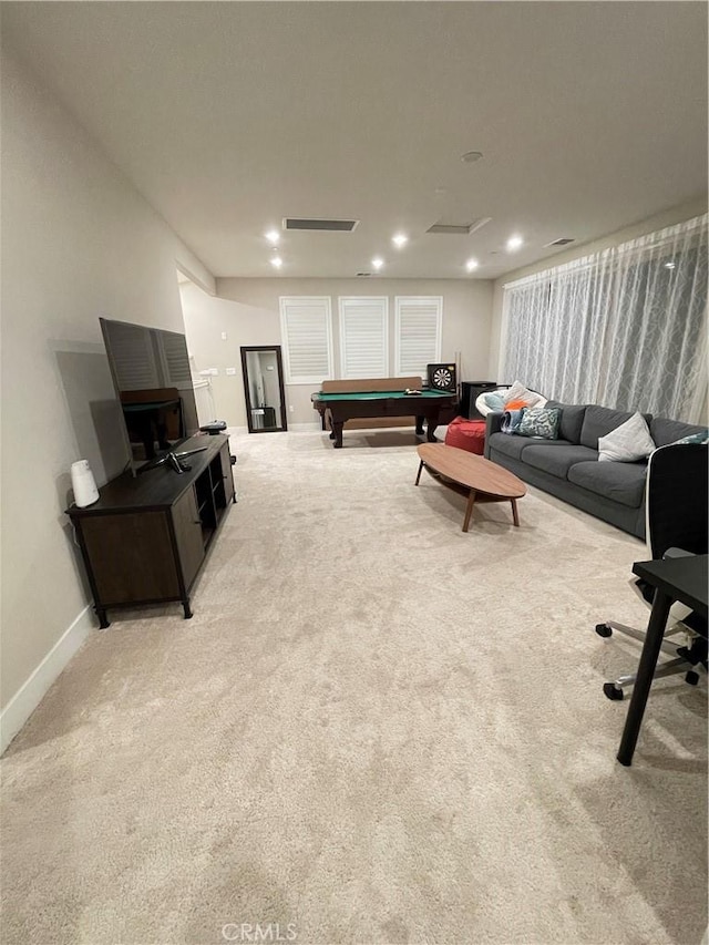 living room featuring light carpet and pool table