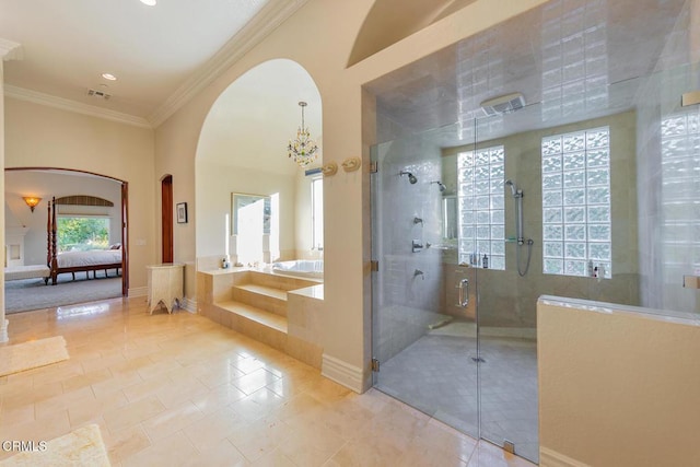 bathroom with tile patterned floors, crown molding, and shower with separate bathtub