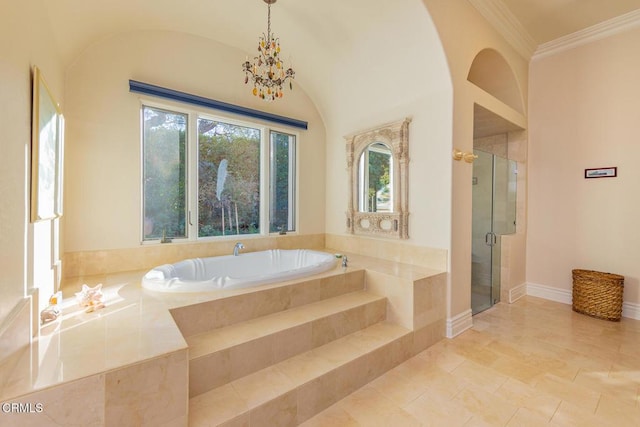 bathroom featuring tile patterned flooring, shower with separate bathtub, crown molding, and a notable chandelier