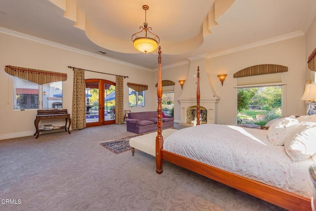 carpeted bedroom with ornamental molding, french doors, a fireplace, and access to exterior