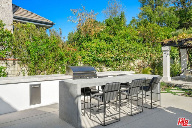 view of patio with grilling area, a bar, and an outdoor kitchen