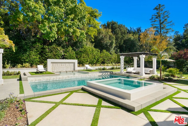 view of pool featuring a pergola, an in ground hot tub, and a patio