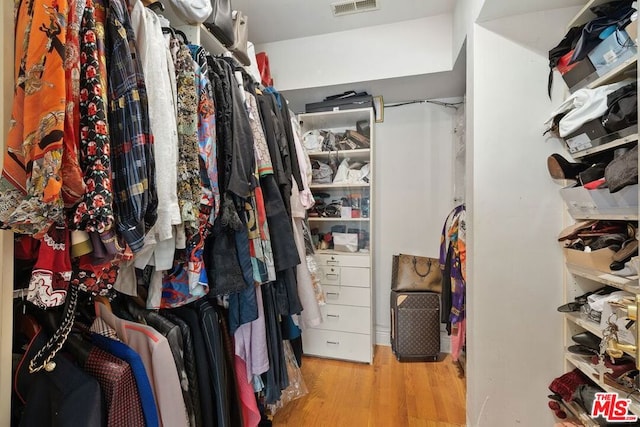 walk in closet with light hardwood / wood-style flooring