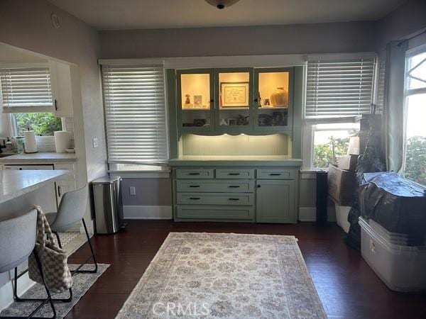 interior space with baseboards, light countertops, and dark wood-type flooring