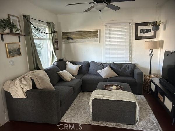 living room featuring a healthy amount of sunlight and ceiling fan