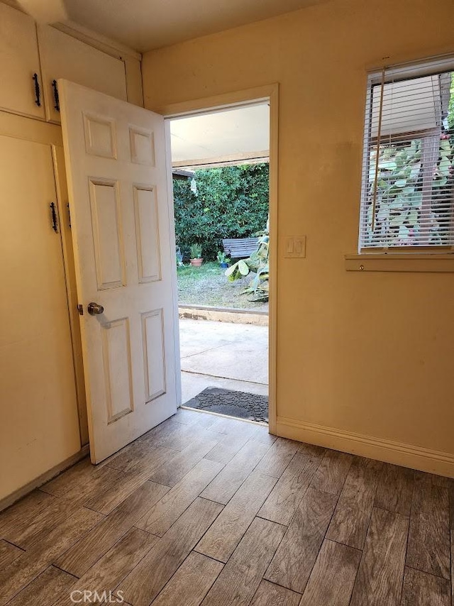 entryway featuring baseboards, wood finished floors, and a healthy amount of sunlight