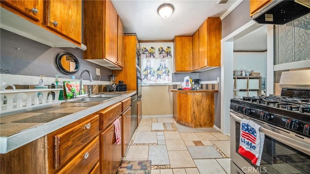 kitchen featuring extractor fan, sink, appliances with stainless steel finishes, and ornamental molding