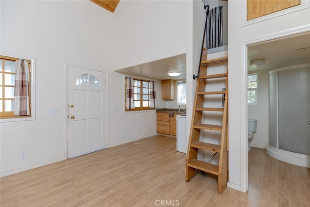 foyer entrance with a towering ceiling and light hardwood / wood-style flooring