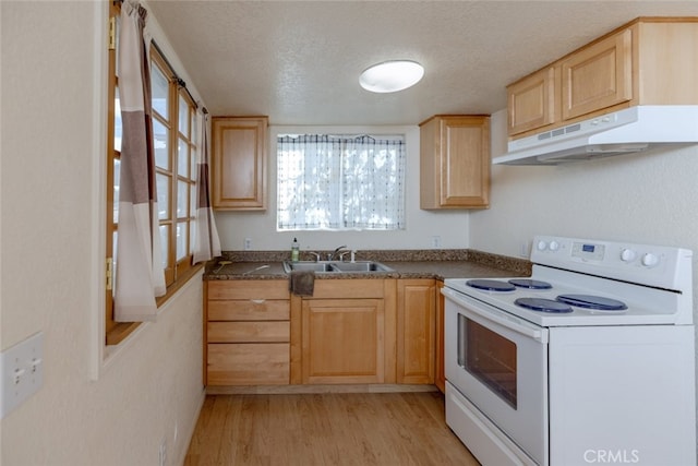 kitchen featuring sink, light brown cabinets, white range with electric cooktop, light hardwood / wood-style floors, and a textured ceiling