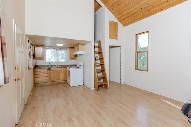 kitchen with electric range, light brown cabinets, high vaulted ceiling, light hardwood / wood-style floors, and wood ceiling