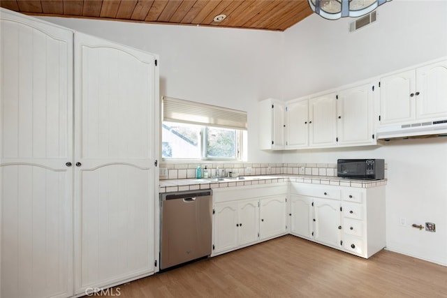 kitchen with wooden ceiling, ventilation hood, white cabinets, stainless steel dishwasher, and tile counters