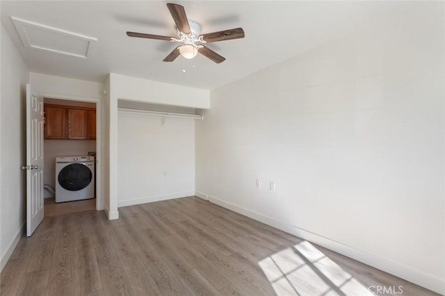 unfurnished bedroom with ceiling fan, a closet, and light hardwood / wood-style flooring