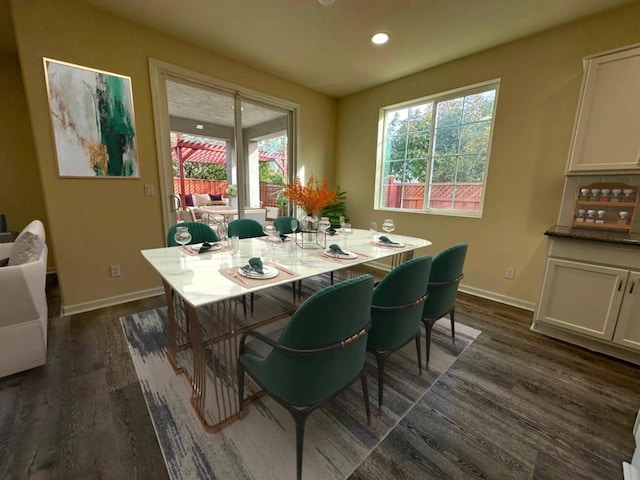 dining space with dark hardwood / wood-style flooring