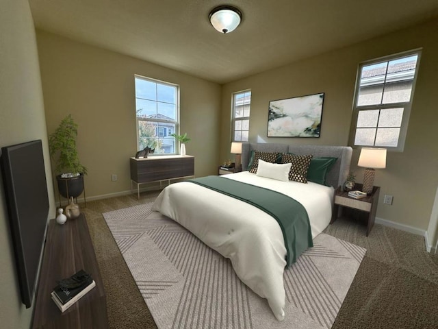 carpeted bedroom featuring multiple windows