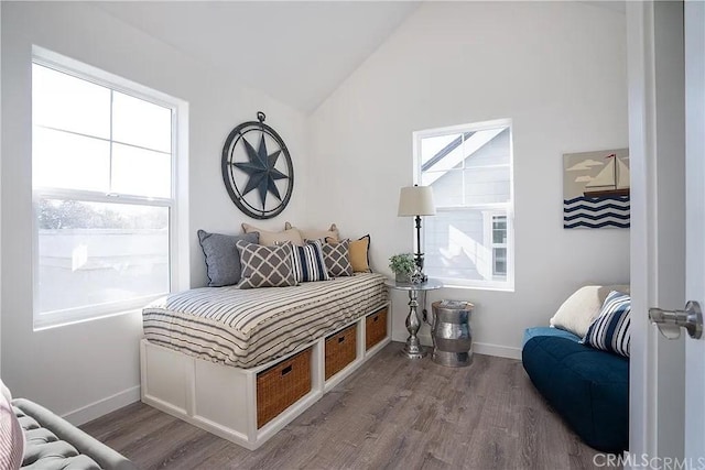 bedroom featuring wood-type flooring and vaulted ceiling