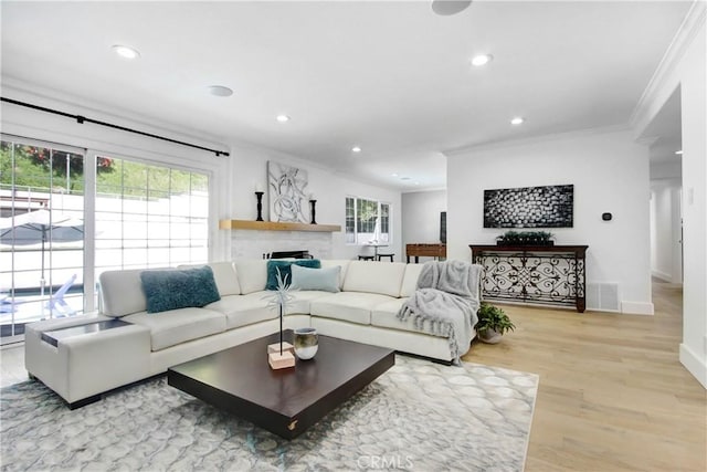 living room featuring light wood-type flooring and crown molding