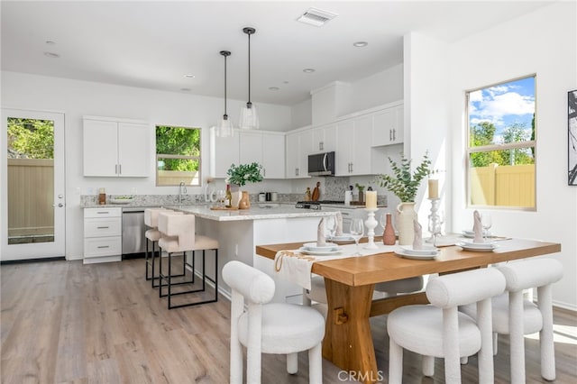 kitchen with decorative light fixtures, stainless steel appliances, and a wealth of natural light