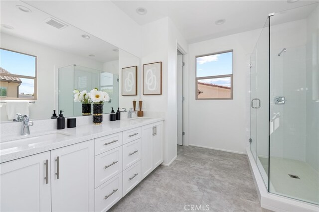 bathroom featuring plenty of natural light, vanity, and walk in shower