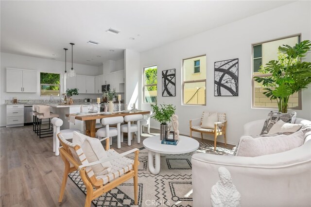 living room with plenty of natural light and light hardwood / wood-style floors