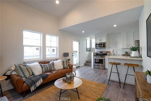 living room featuring plenty of natural light, dark hardwood / wood-style flooring, sink, and vaulted ceiling