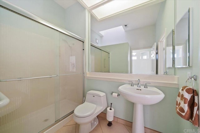 bathroom with tile patterned flooring, an enclosed shower, and toilet