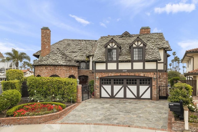 tudor home featuring a garage