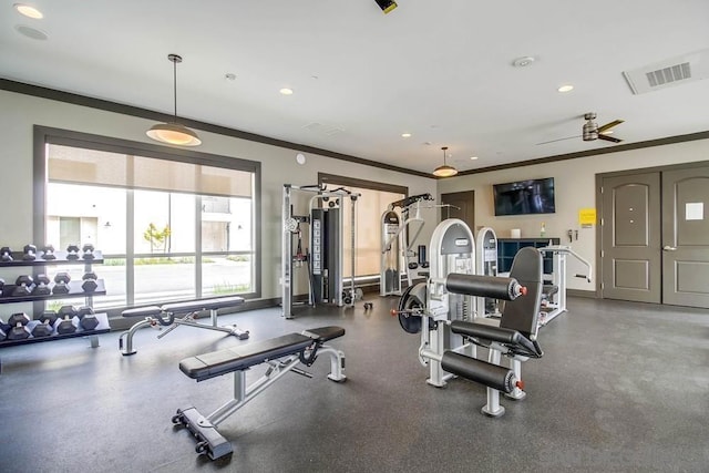 workout area featuring ceiling fan and crown molding