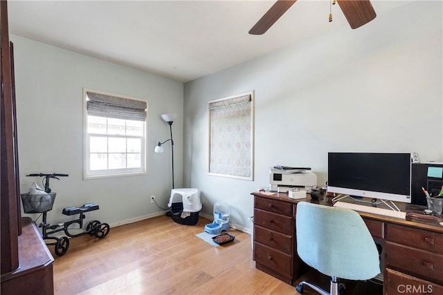 office area featuring ceiling fan and light hardwood / wood-style floors