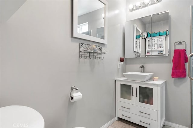 bathroom with hardwood / wood-style floors and vanity