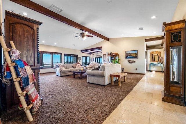 living room featuring ceiling fan and lofted ceiling with beams